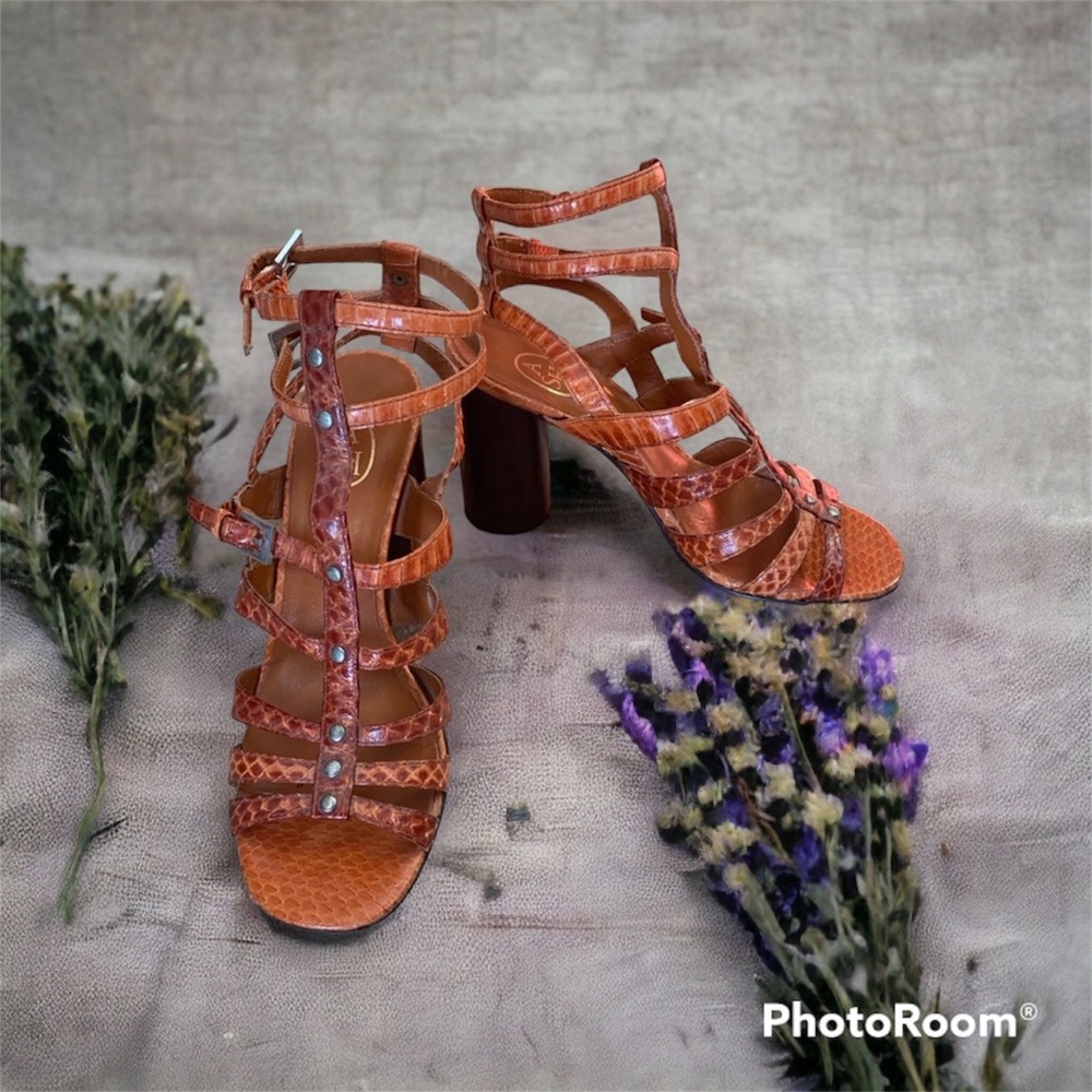ASH women’s snake print orange rust round heeled sandals preowned sz 7 (37)